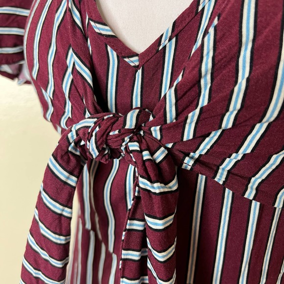 Band Of Gypsies Dress SM/MED Maroon Striped Mini Ruffle Flounce V-Neck Tie Front - Picture 3 of 7